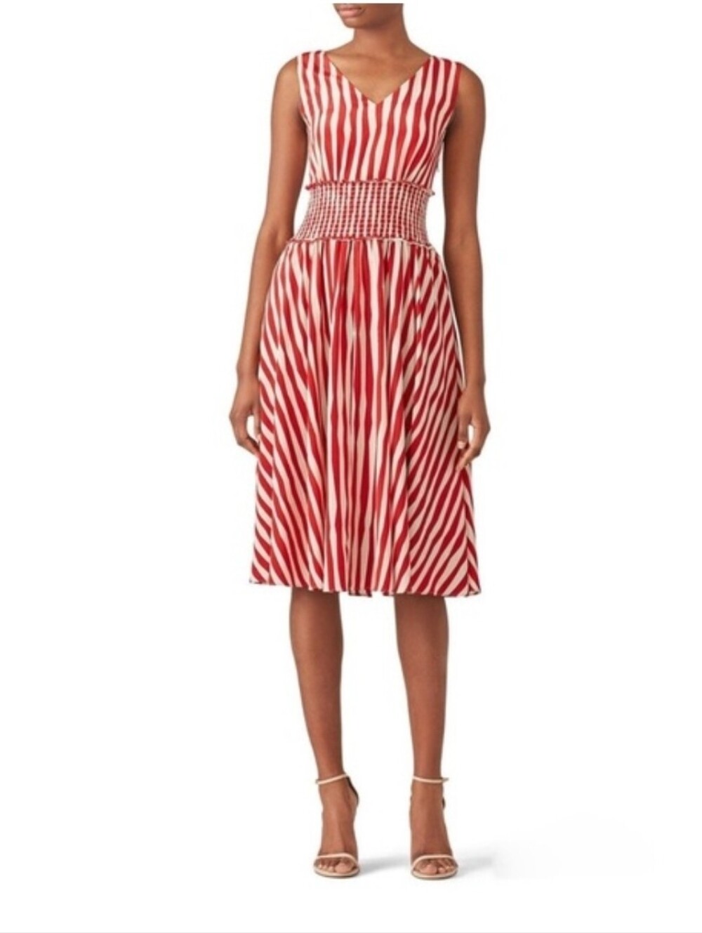 LK Bennett 100% Silk Red and White Striped Midi Dress